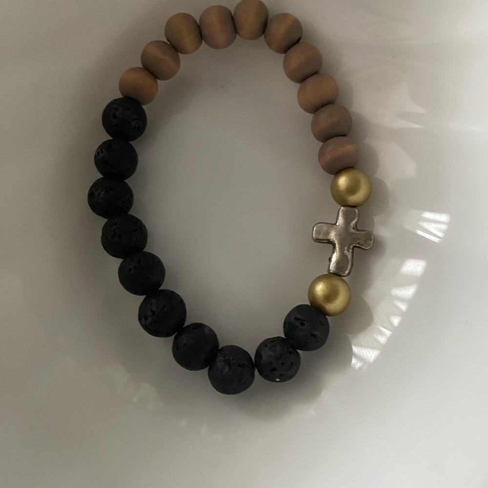 Krissette Martin Designs | ‘The Rock’ Beaded Bracelet LAVA ROCK SILVER CROSS